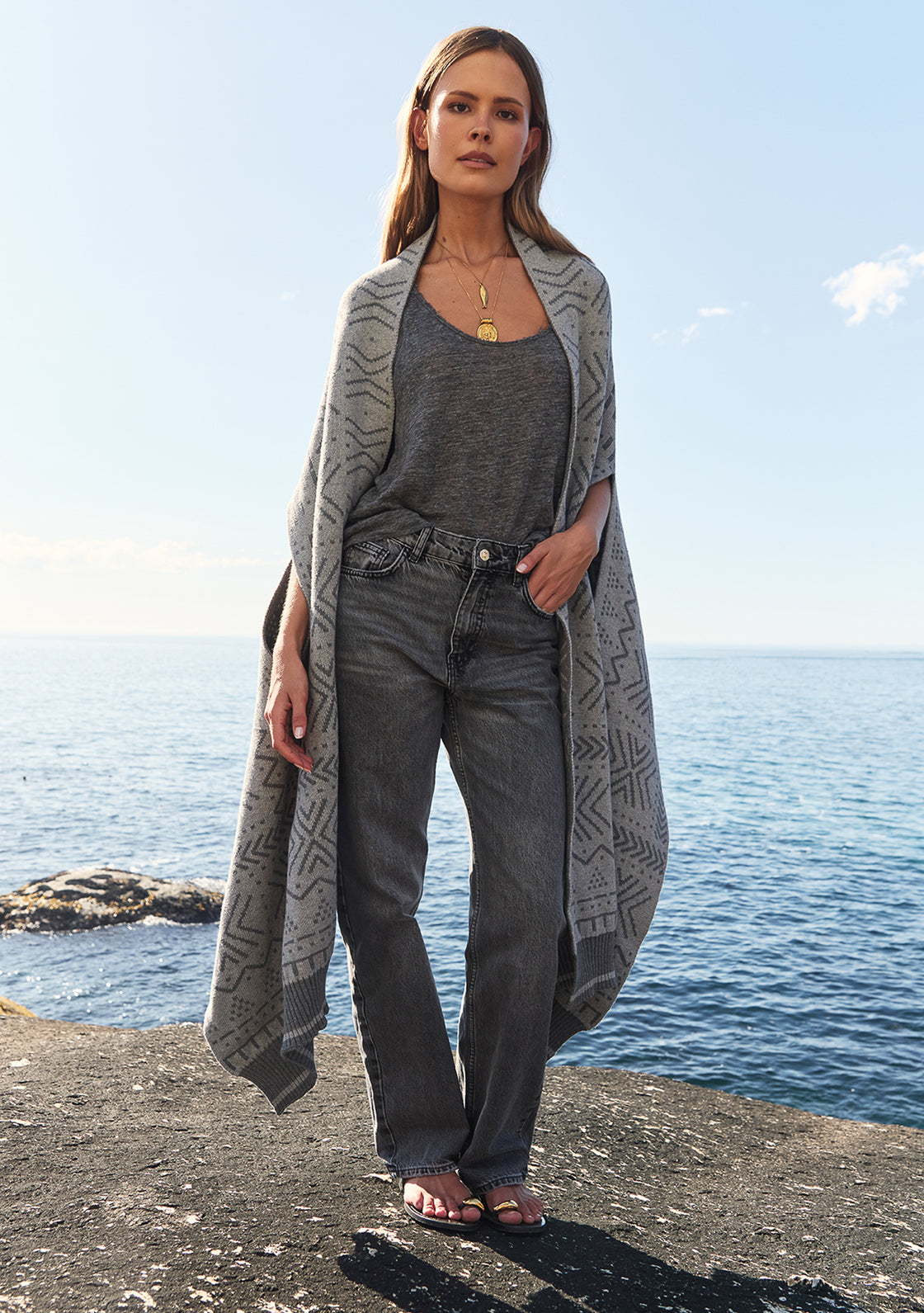 Oversized Reversible Scarf Cardigan - Grey