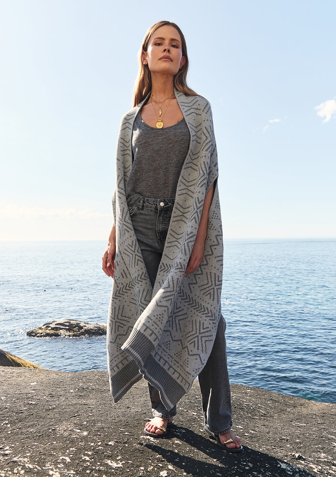 Oversized Reversible Scarf Cardigan - Grey