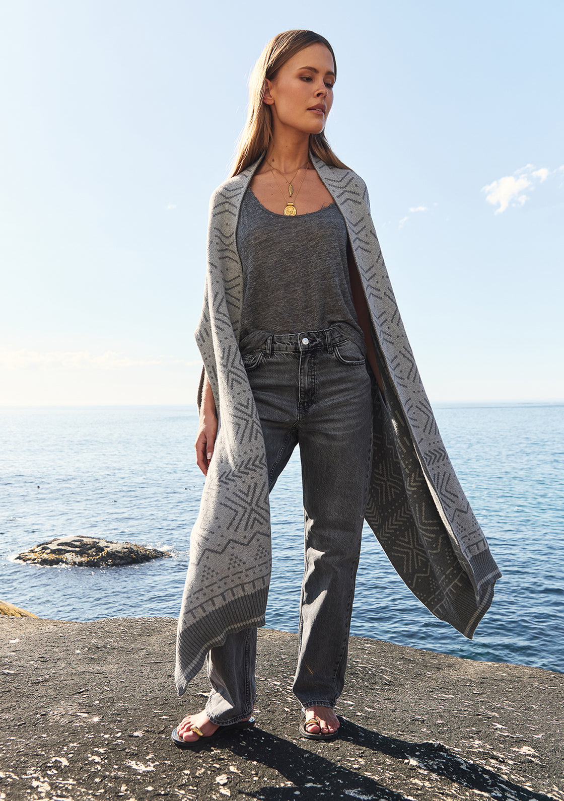 Oversized Reversible Scarf Cardigan - Grey